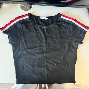 Women’s Black Tee with Black and Red Sleeve Stripes